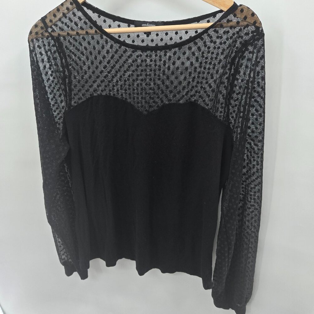 Ambiance Black Semi-Sheer Mesh Polka Dot Long Sleeved Blouse 2x
